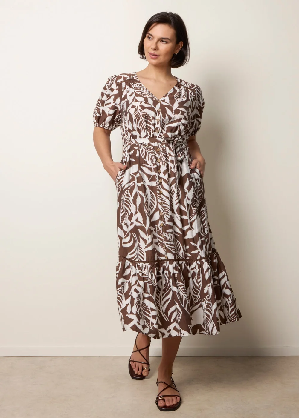 Blue Vanilla Brown Coconut Button Belted Midi Dress - L Image 3
