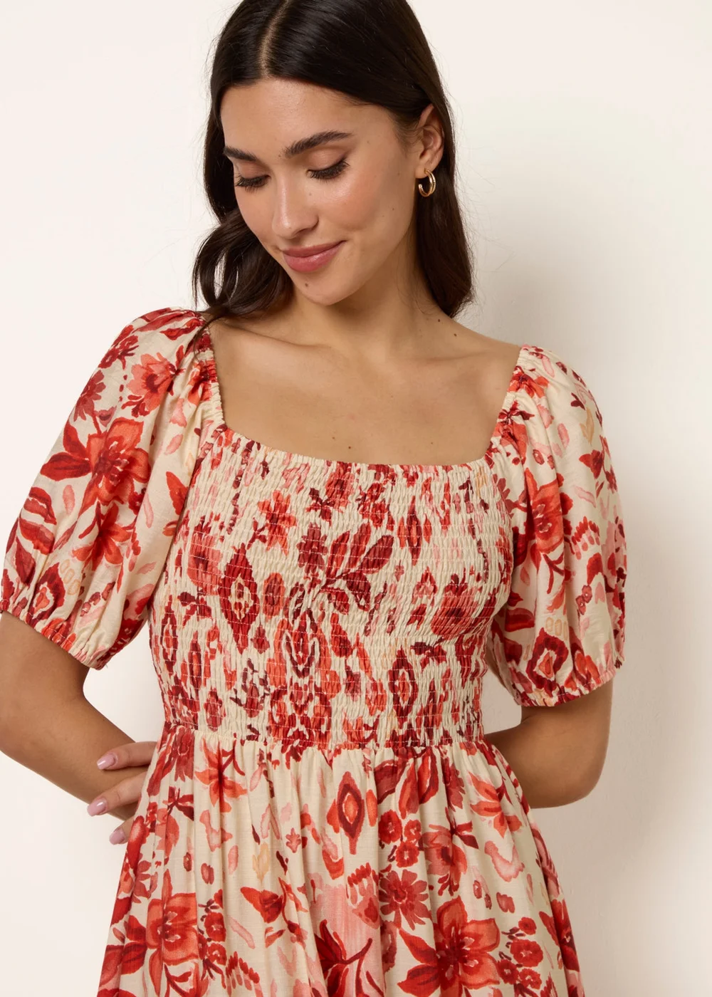 Blue Vanilla Orange Watercolour Floral Shirred Puff Sleeve Midi Dress - S Image 3