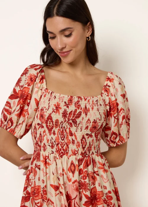 Blue Vanilla Orange Watercolour Floral Shirred Puff Sleeve Midi Dress - S Image 3