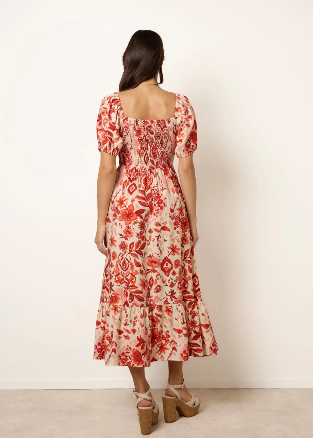 Blue Vanilla Orange Watercolour Floral Shirred Puff Sleeve Midi Dress - S Image 4