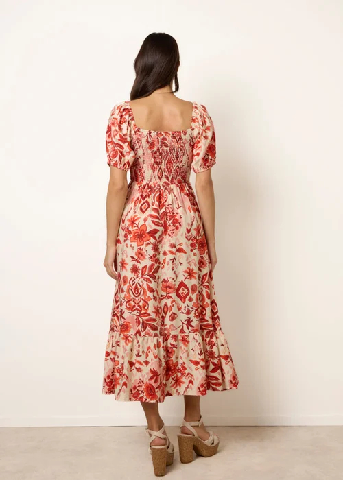 Blue Vanilla Orange Watercolour Floral Shirred Puff Sleeve Midi Dress - S Image 4