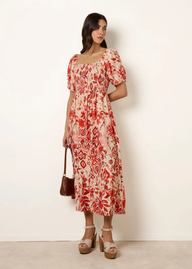 Blue Vanilla Orange Watercolour Floral Shirred Puff Sleeve Midi Dress