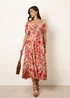 Blue Vanilla Orange Watercolour Floral Shirred Puff Sleeve Midi Dress - S Image 2