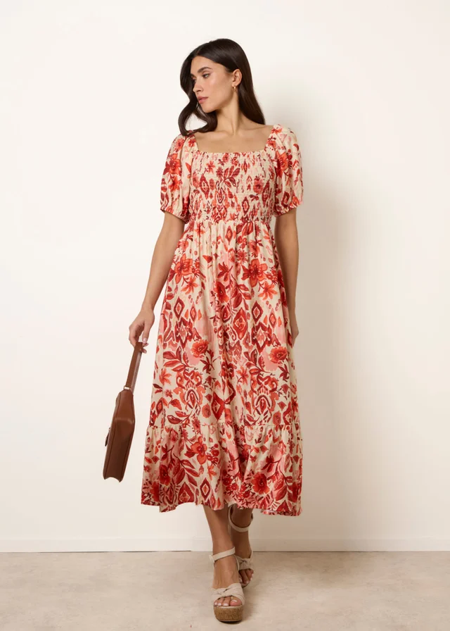 Blue Vanilla Orange Watercolour Floral Shirred Puff Sleeve Midi Dress