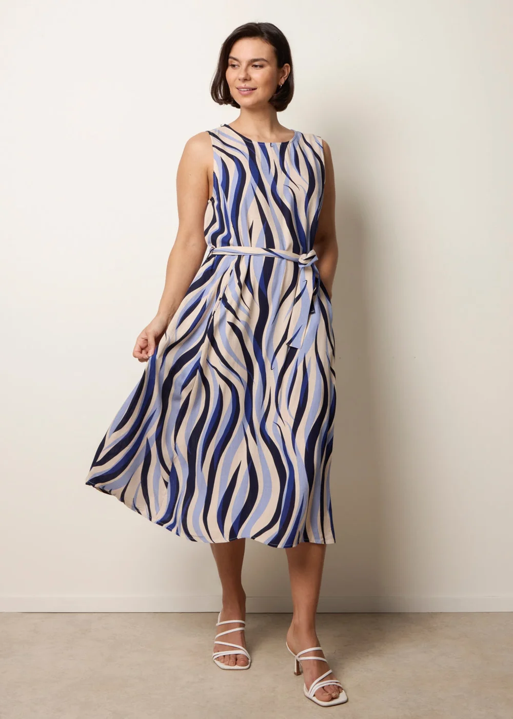 Blue Vanilla Navy Bold Wave Print Belted Dress - M Image 1
