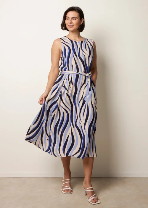 Blue Vanilla Navy Bold Wave Print Belted Dress - M Image 1