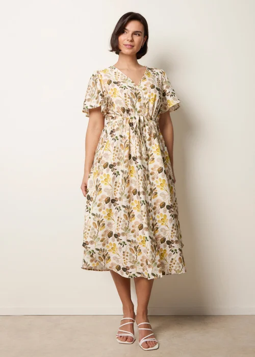 Blue Vanilla Beige Leaf Print Tie Waist Shirt Midi Dress - L/XL Image 3