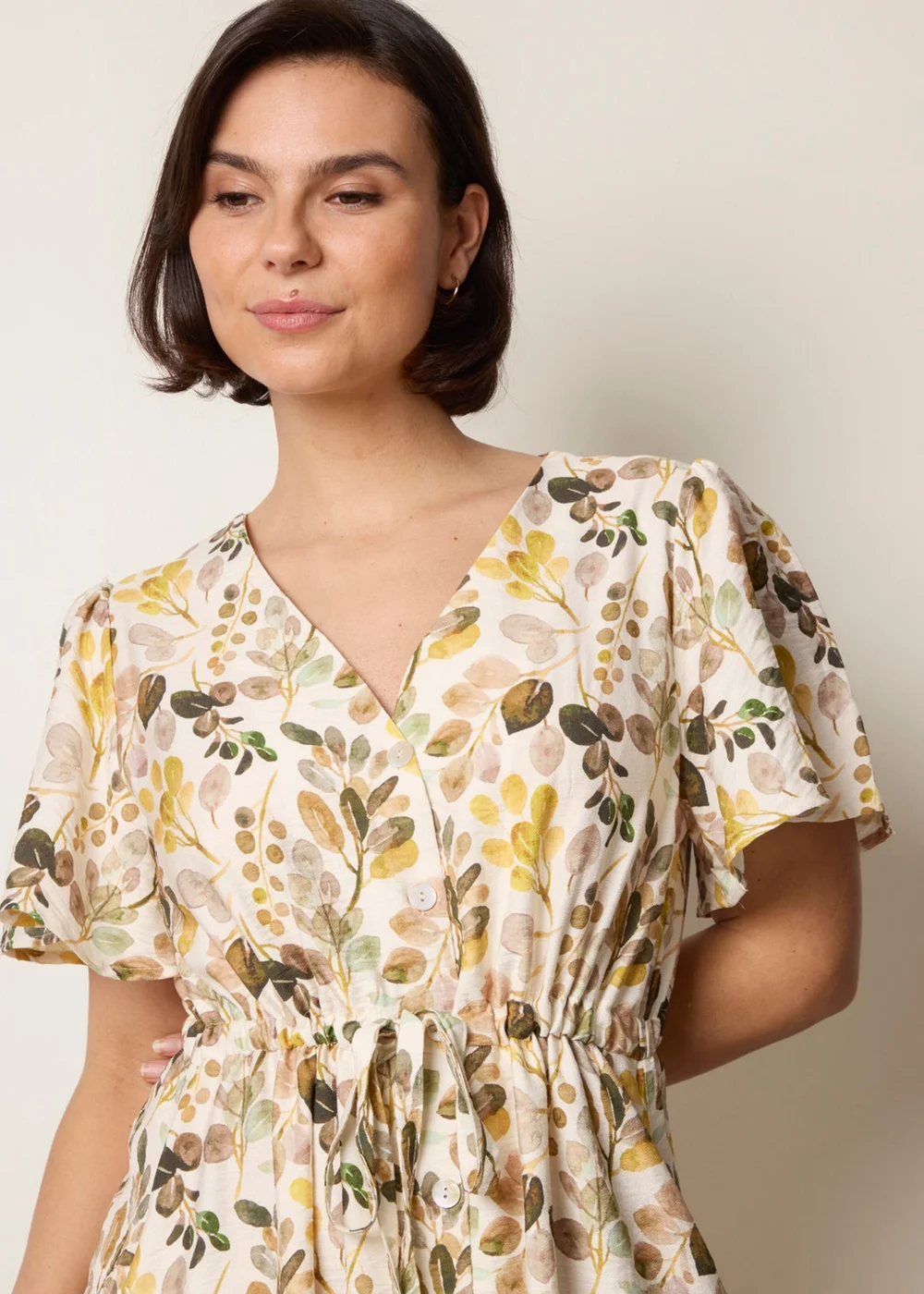 Blue Vanilla Beige Leaf Print Tie Waist Shirt Midi Dress - L/XL Image 2
