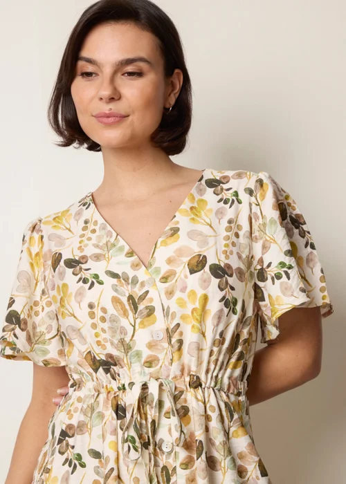 Blue Vanilla Beige Leaf Print Tie Waist Shirt Midi Dress - L/XL Image 2
