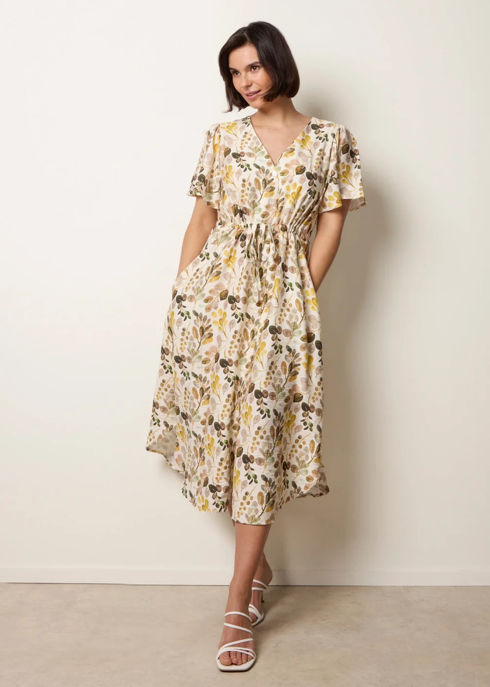 Blue Vanilla Beige Leaf Print Tie Waist Shirt Midi Dress - L/XL Image 1