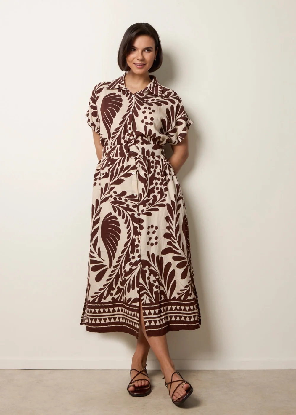 Blue Vanilla Brown Tropical Leaf Print Belted Shirt Dress - S Image 1