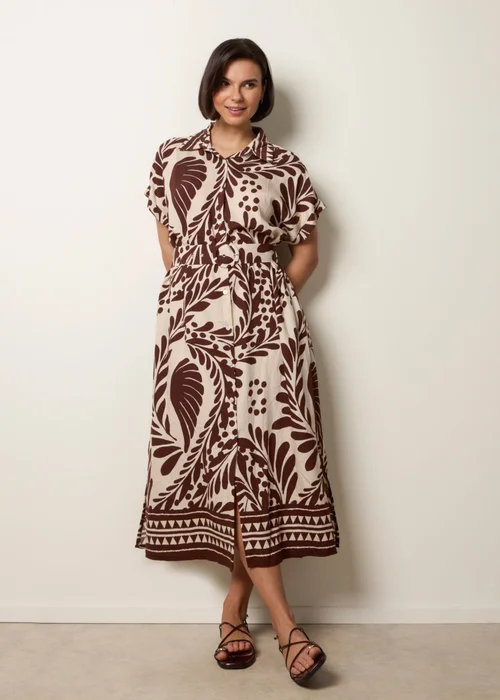 Blue Vanilla Brown Tropical Leaf Print Belted Shirt Dress - S Image 1