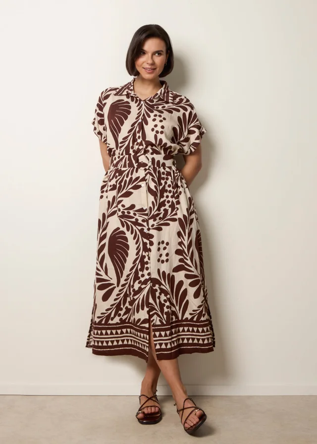 Blue Vanilla Brown Tropical Leaf Print Belted Shirt Dress