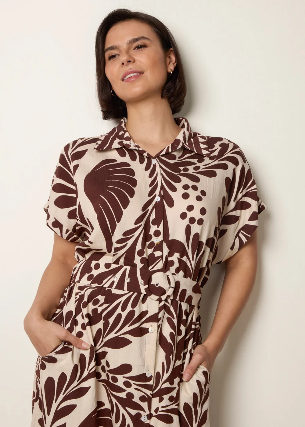 Blue Vanilla Brown Tropical Leaf Print Belted Shirt Dress - S Image 2