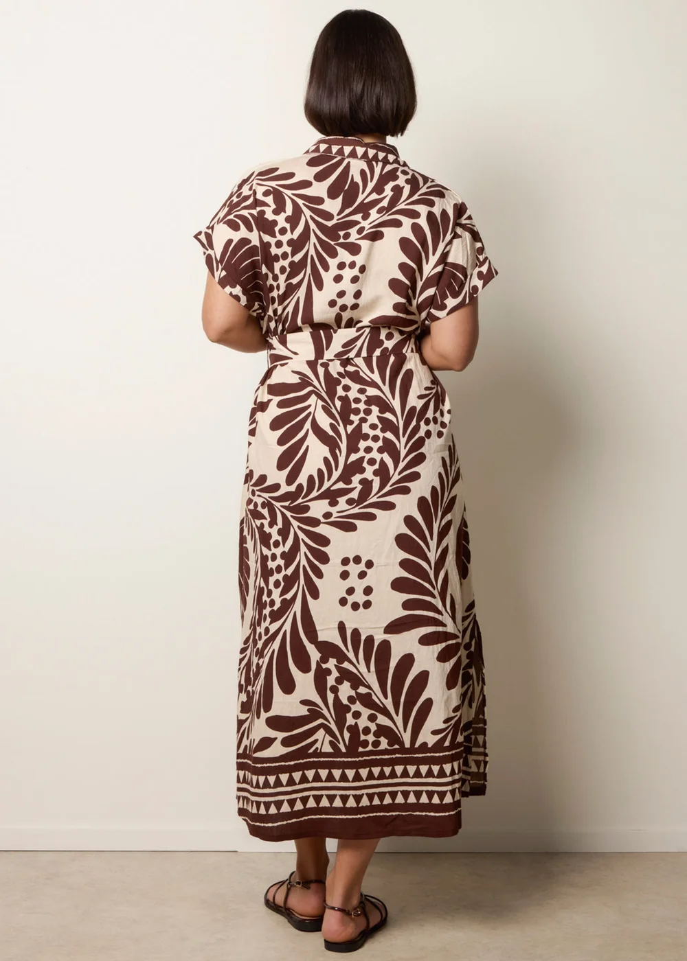 Blue Vanilla Brown Tropical Leaf Print Belted Shirt Dress - S Image 4