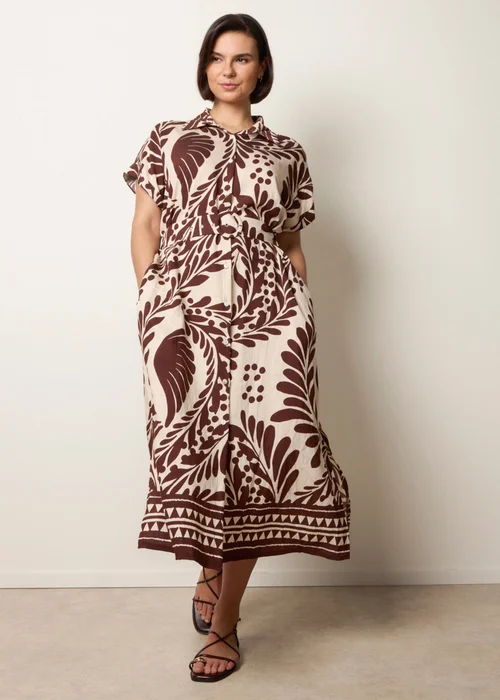 Blue Vanilla Brown Tropical Leaf Print Belted Shirt Dress - S Image 3