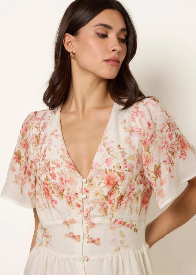 Blue Vanilla Pink Floral Print Button Front Maxi Dress