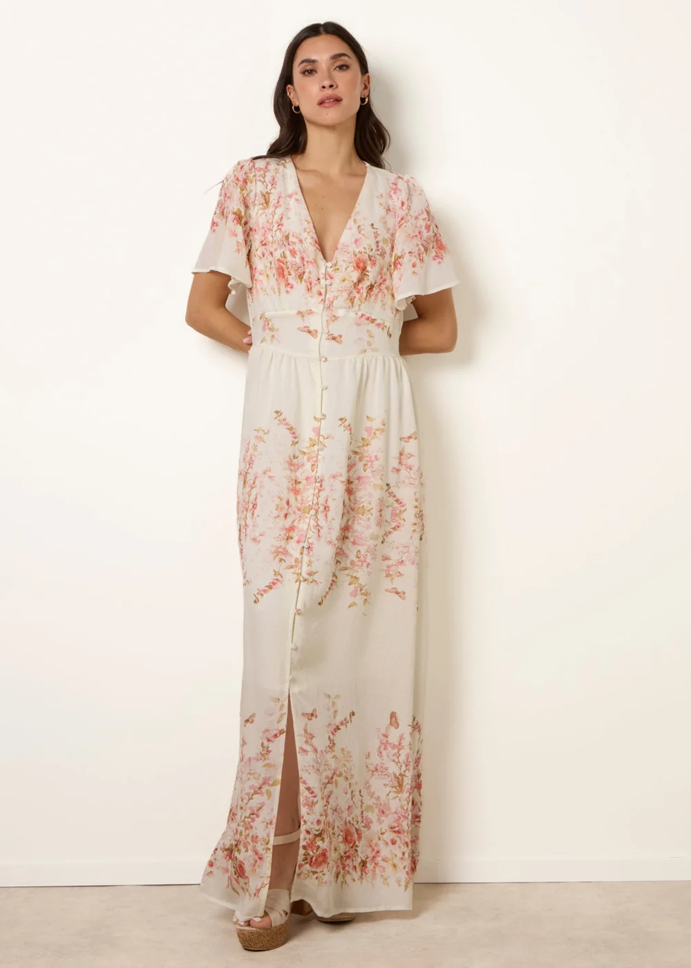 Blue Vanilla Pink Floral Print Button Front Maxi Dress - S Image 3