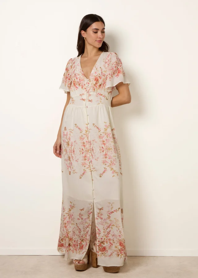 Blue Vanilla Pink Floral Print Button Front Maxi Dress