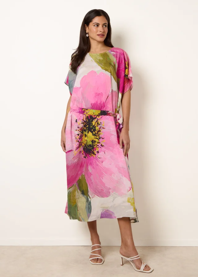 Blue Vanilla Pink Painterly Floral Tie Waist Midi Dress