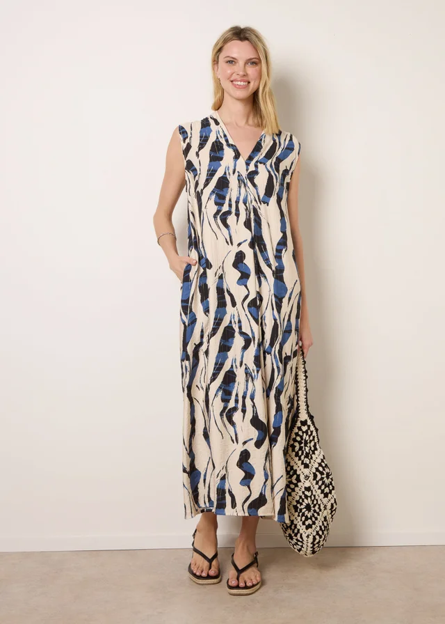 Blue Vanilla Blue Metallic Abstract Printed Collarless V Neck Dress