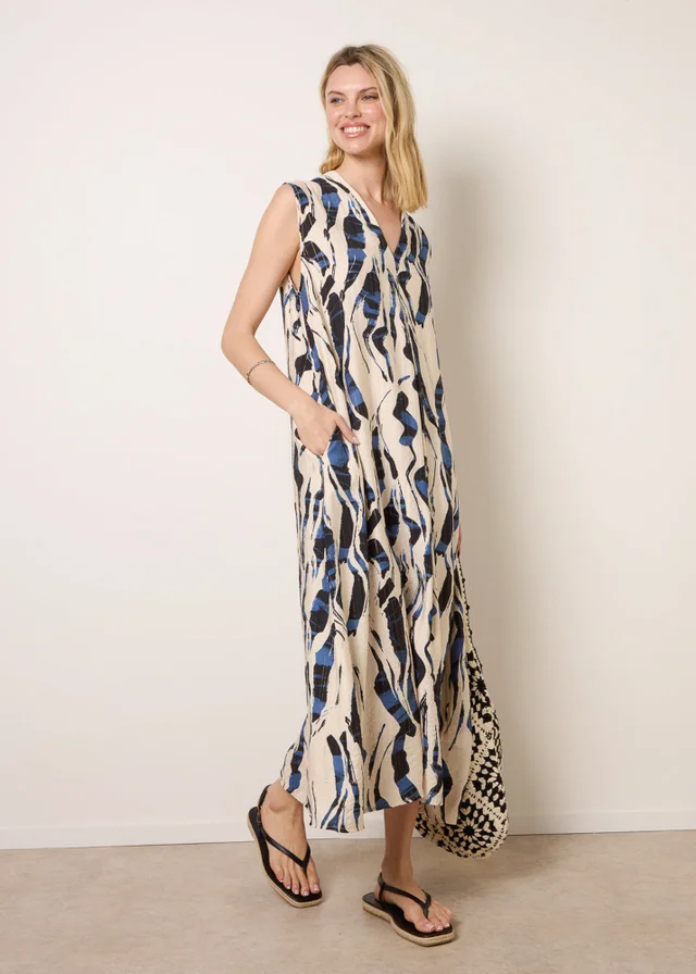 Blue Vanilla Blue Metallic Abstract Printed Collarless V Neck Dress