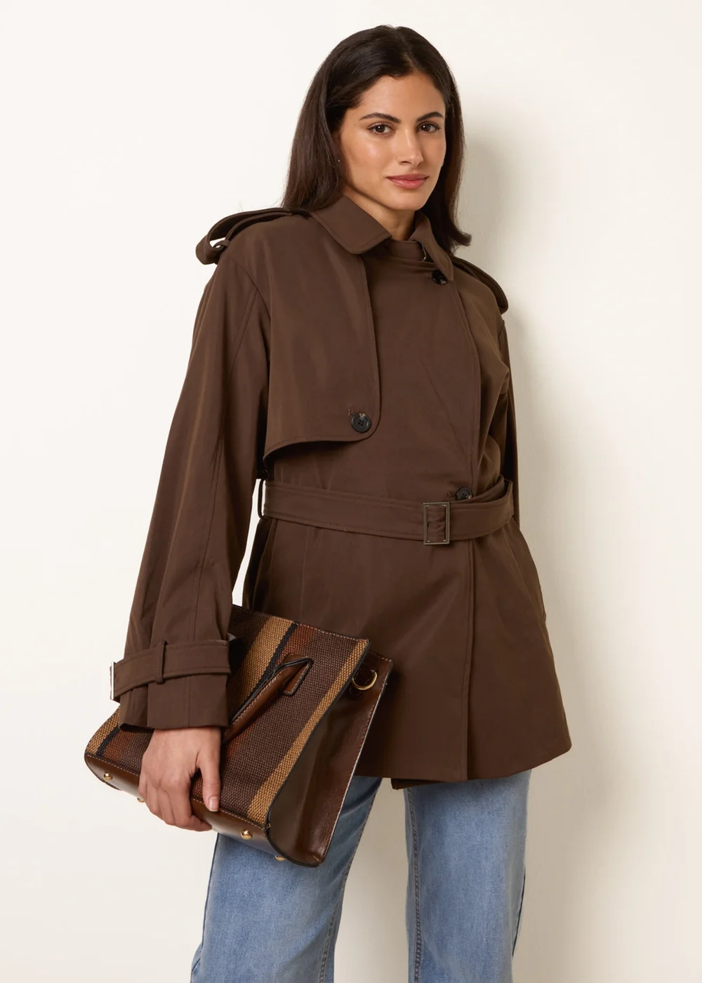 Blue Vanilla Brown Short Trench Coat - L Image 1