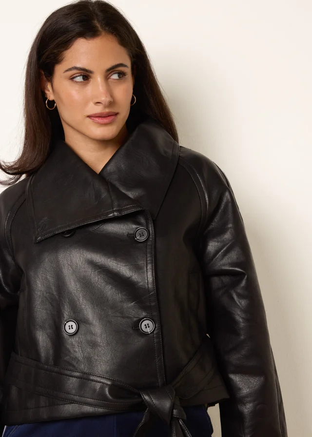 Blue Vanilla Black Double Breasted Leather Look Jacket