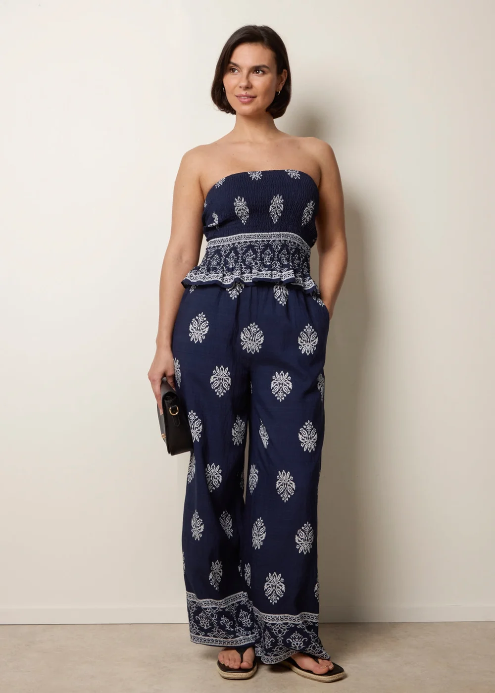 Blue Vanilla Navy Smocked Top & Wide-Leg Trouser Set - S/M Image 3