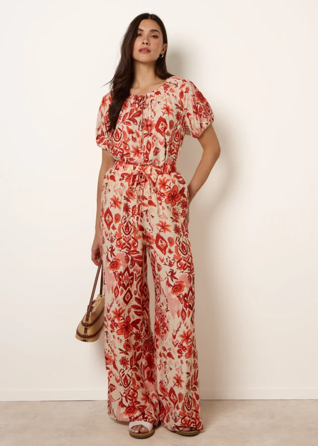 Blue Vanilla Orange Watercolour Floral Printed Wide Leg Trousers