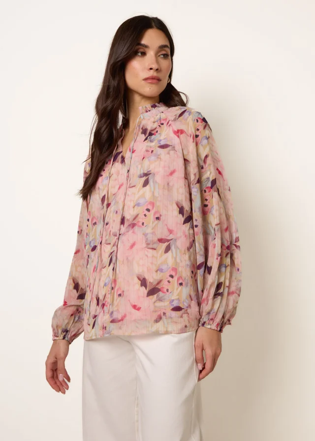 Blue Vanilla Pink Watercolour Floral Printed Tie Front Blouse