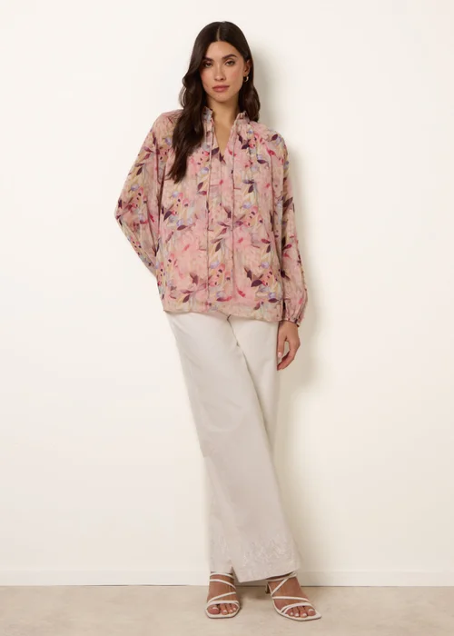 Blue Vanilla Pink Watercolour Floral Printed Tie Front Blouse - L Image 2