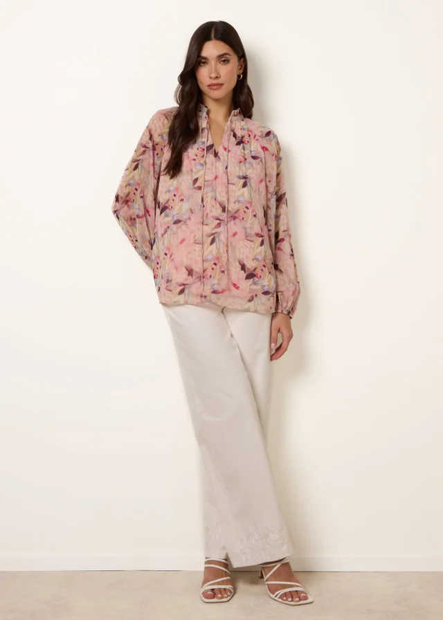 Blue Vanilla Pink Watercolour Floral Printed Tie Front Blouse