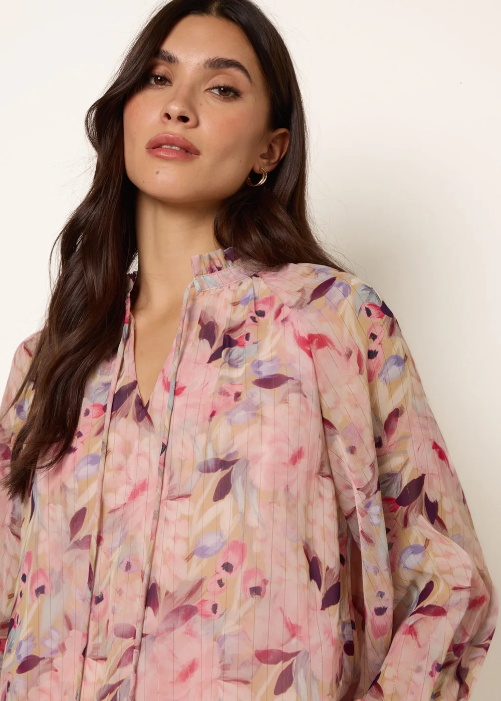 Blue Vanilla Pink Watercolour Floral Printed Tie Front Blouse - L Image 3