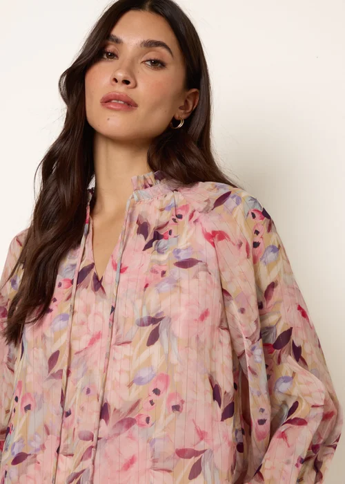 Blue Vanilla Pink Watercolour Floral Printed Tie Front Blouse - L Image 3