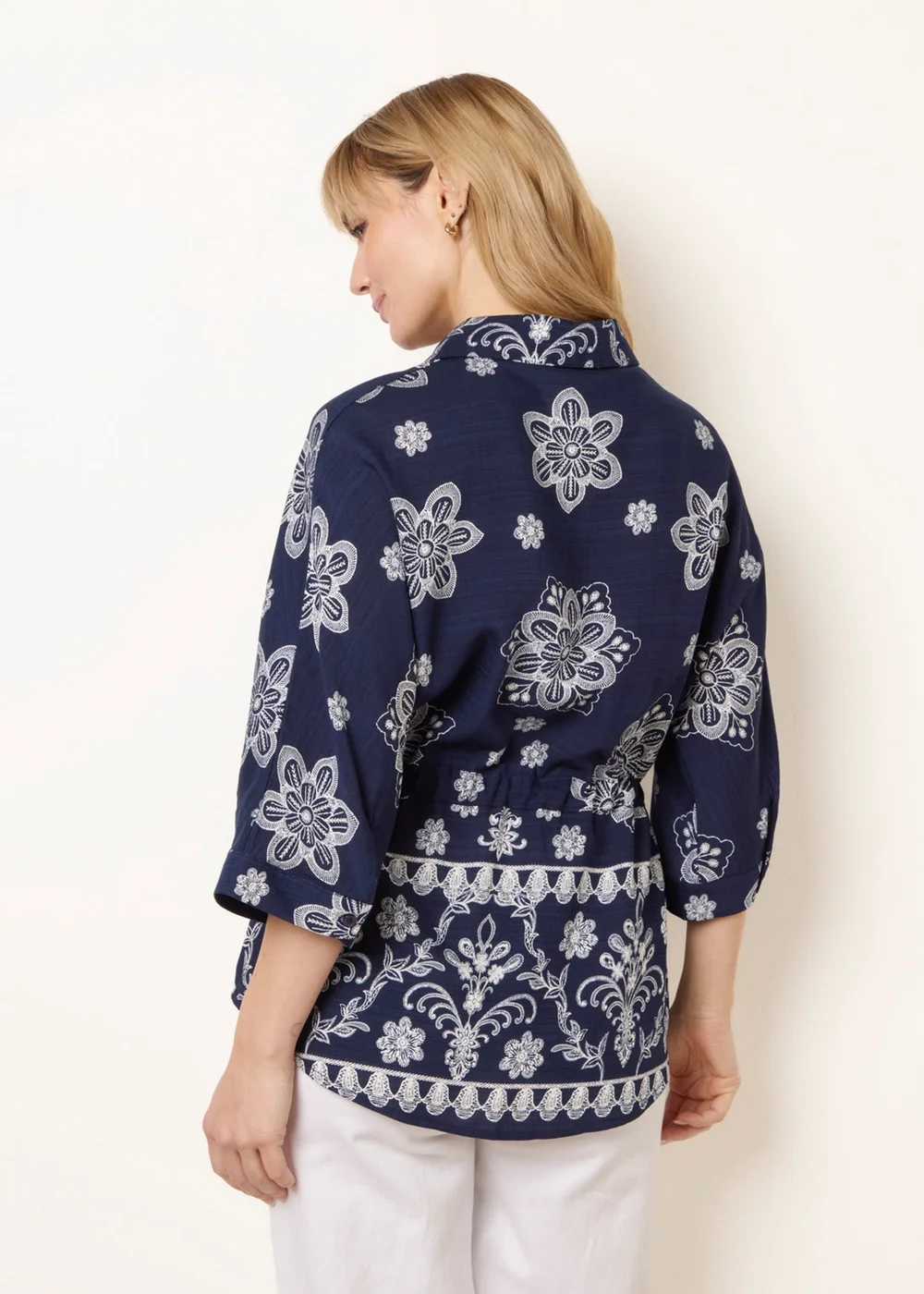 Blue Vanilla Navy Floral 3/4 Sleeve Tie Waist Shirt - S Image 4