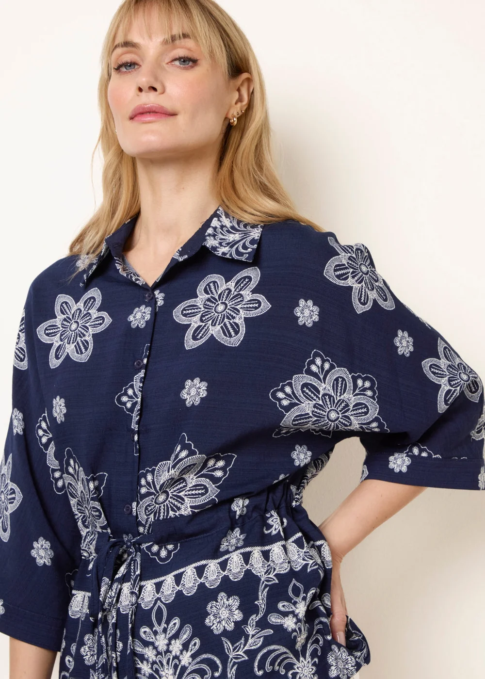 Blue Vanilla Navy Floral 3/4 Sleeve Tie Waist Shirt - S Image 3