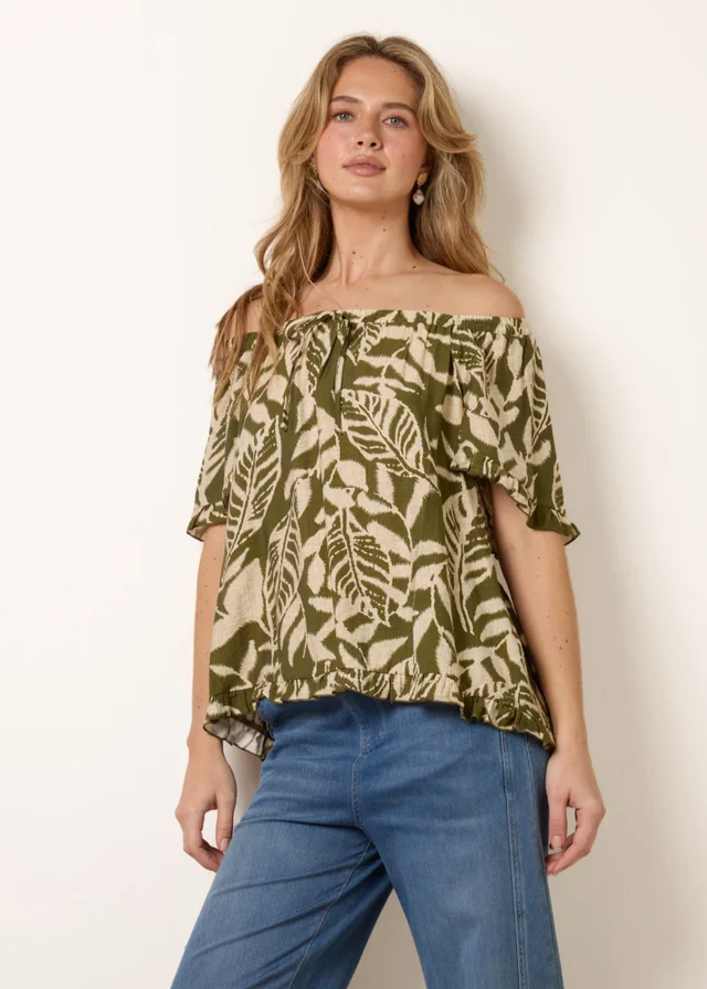 Blue Vanilla Khaki Printed Tie Front Top