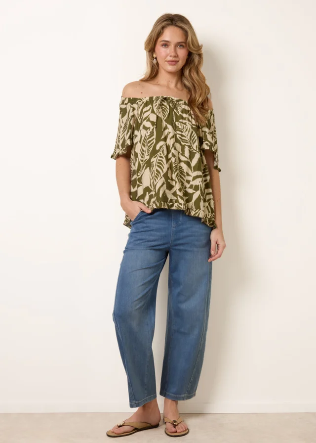 Blue Vanilla Khaki Printed Tie Front Top