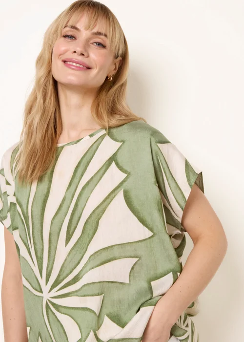 Blue Vanilla Khaki Large Floral Round Neck Top - S Image 3