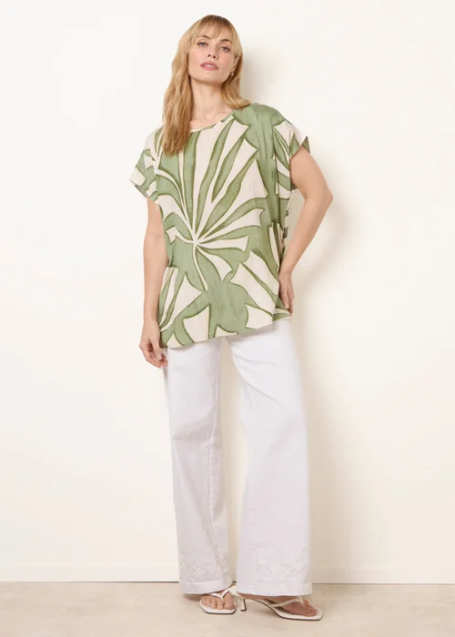 Blue Vanilla Khaki Large Floral Round Neck Top - S Image 2