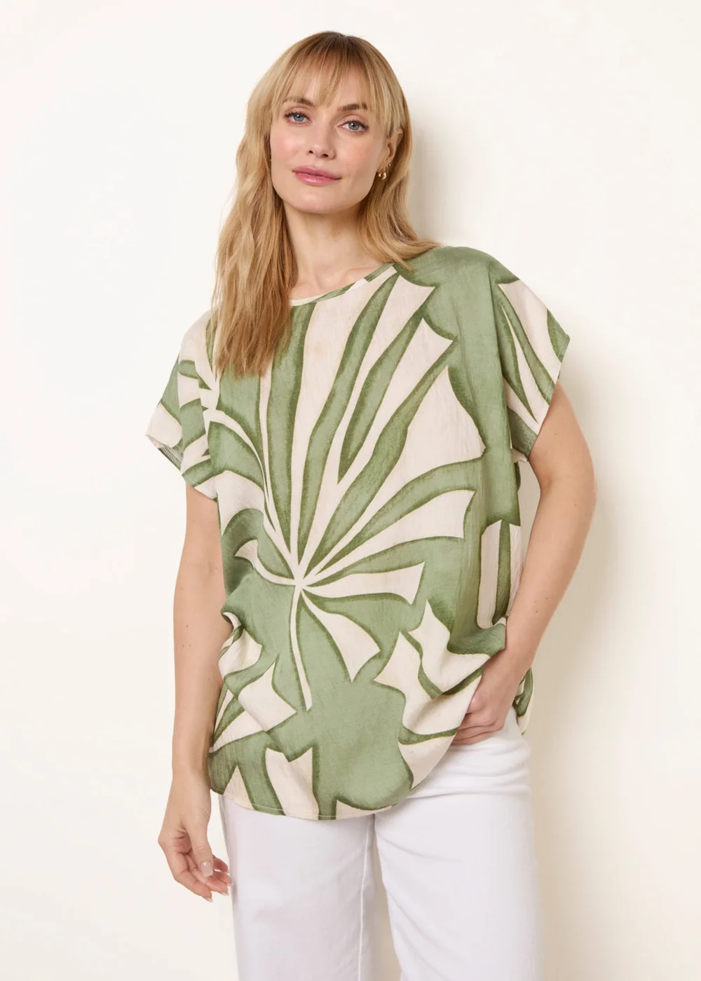 Blue Vanilla Khaki Large Floral Round Neck Top - S Image 1