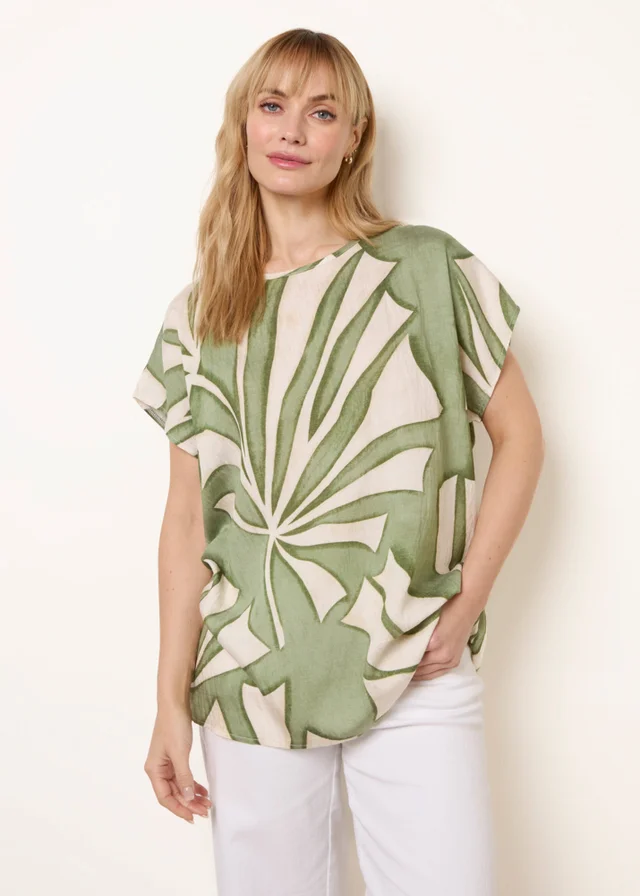 Blue Vanilla Khaki Large Floral Round Neck Top