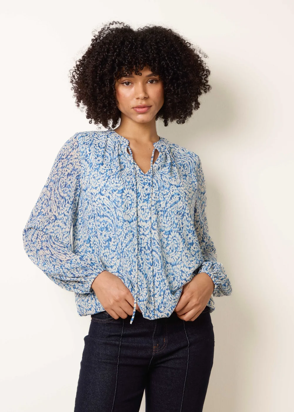 Blue Vanilla Blue Grandad Tie Neck Puff Hem Watercolour Blouse - S Image 1