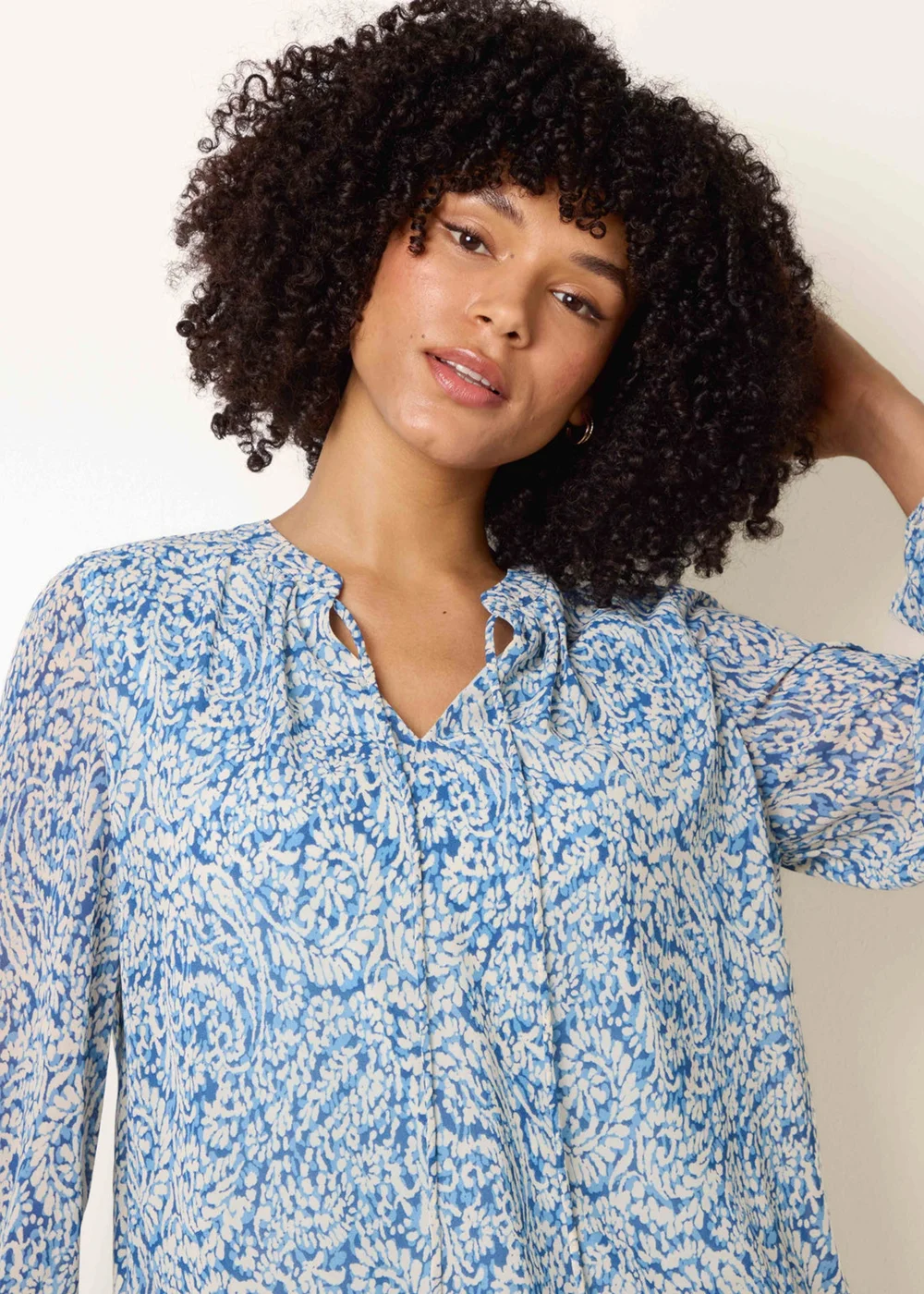 Blue Vanilla Blue Grandad Tie Neck Puff Hem Watercolour Blouse - S Image 3