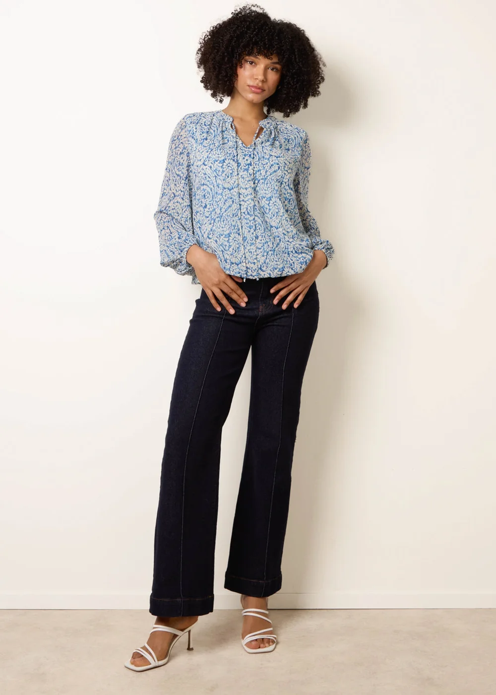 Blue Vanilla Blue Grandad Tie Neck Puff Hem Watercolour Blouse - S Image 2