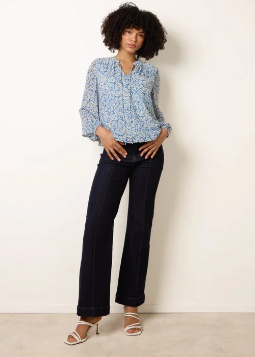 Blue Vanilla Blue Grandad Tie Neck Puff Hem Watercolour Blouse - S Image 2