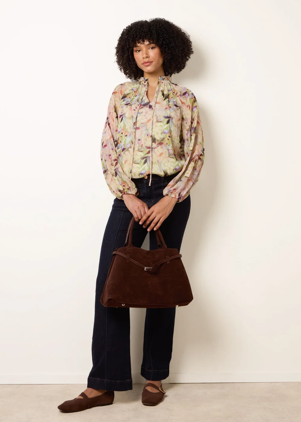 Blue Vanilla Green Watercolour Floral Printed Tie Front Blouse - L Image 2