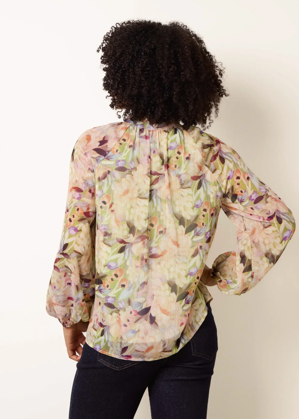 Blue Vanilla Green Watercolour Floral Printed Tie Front Blouse - L Image 4