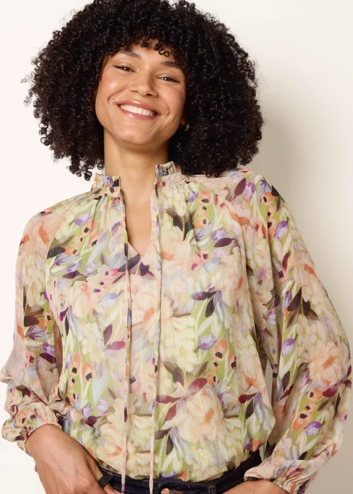 Blue Vanilla Green Watercolour Floral Printed Tie Front Blouse - L Image 3
